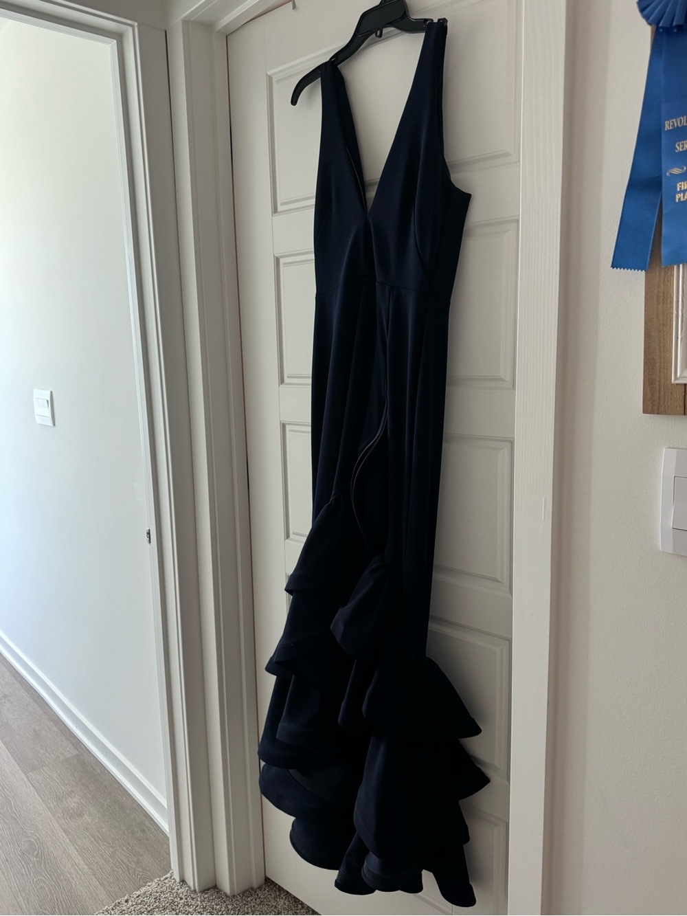 Betsy & Adam Navy One-Shoulder Ruffle Hem Gown